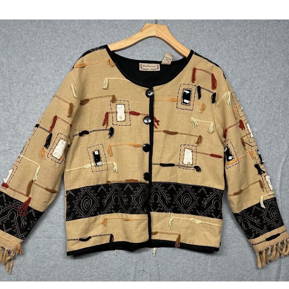 New Direction Kimono Cardigan Jacket Beige Tribal‎ Fringe Embroidered Women M L